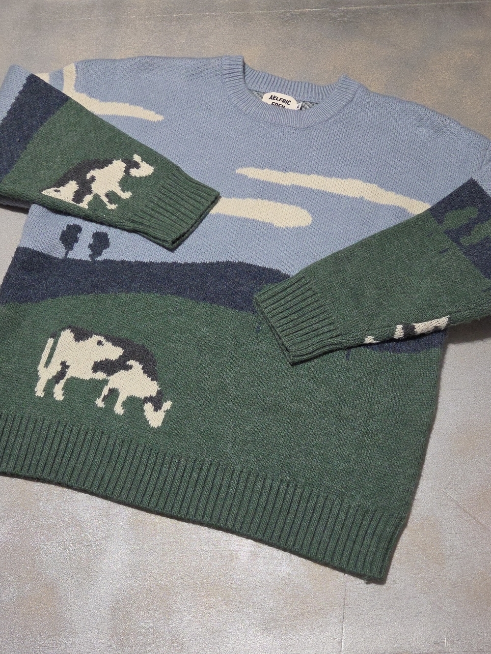 Aelfric Eden Sky Blue & Forest Green Rhino Intarsia Crewneck